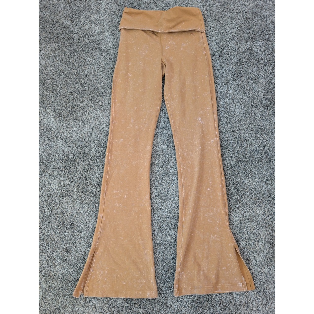 Victoria's Secret PINK Foldover Flare Yoga Pants Acid Wash Tan Small Side Slit